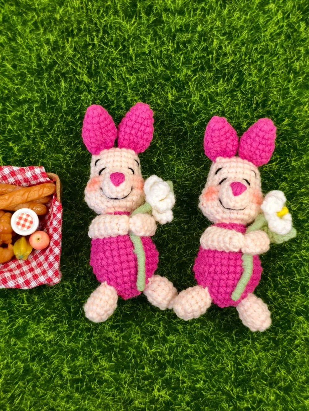 Handmade Amigurumi Crochet Piglet Holding Flowers Plushie